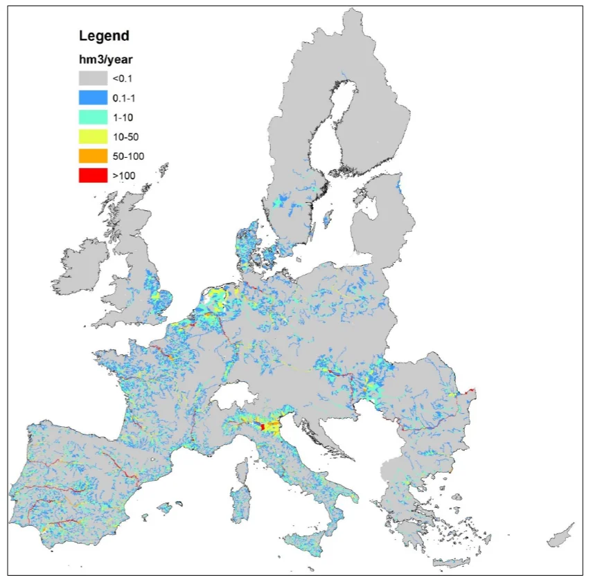 Quantit&agrave; cumulativa di acque rigenerate che pu&ograve; essere destinata all'irrigazione nei bacini fluviali europei, ipotizzando l'assenza di vincoli di costo
