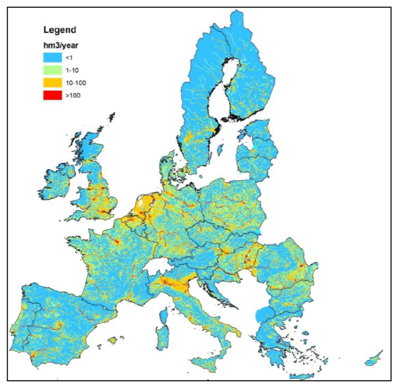Domanda idrica complessiva per il settore zootecnico nei bacini fluviali europei